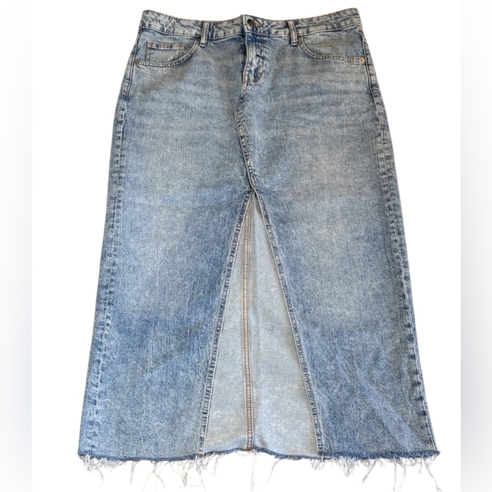 Vintage Inspired H&M Divided Maxi Denim Skirt With Slit and Raw Hem Size 10